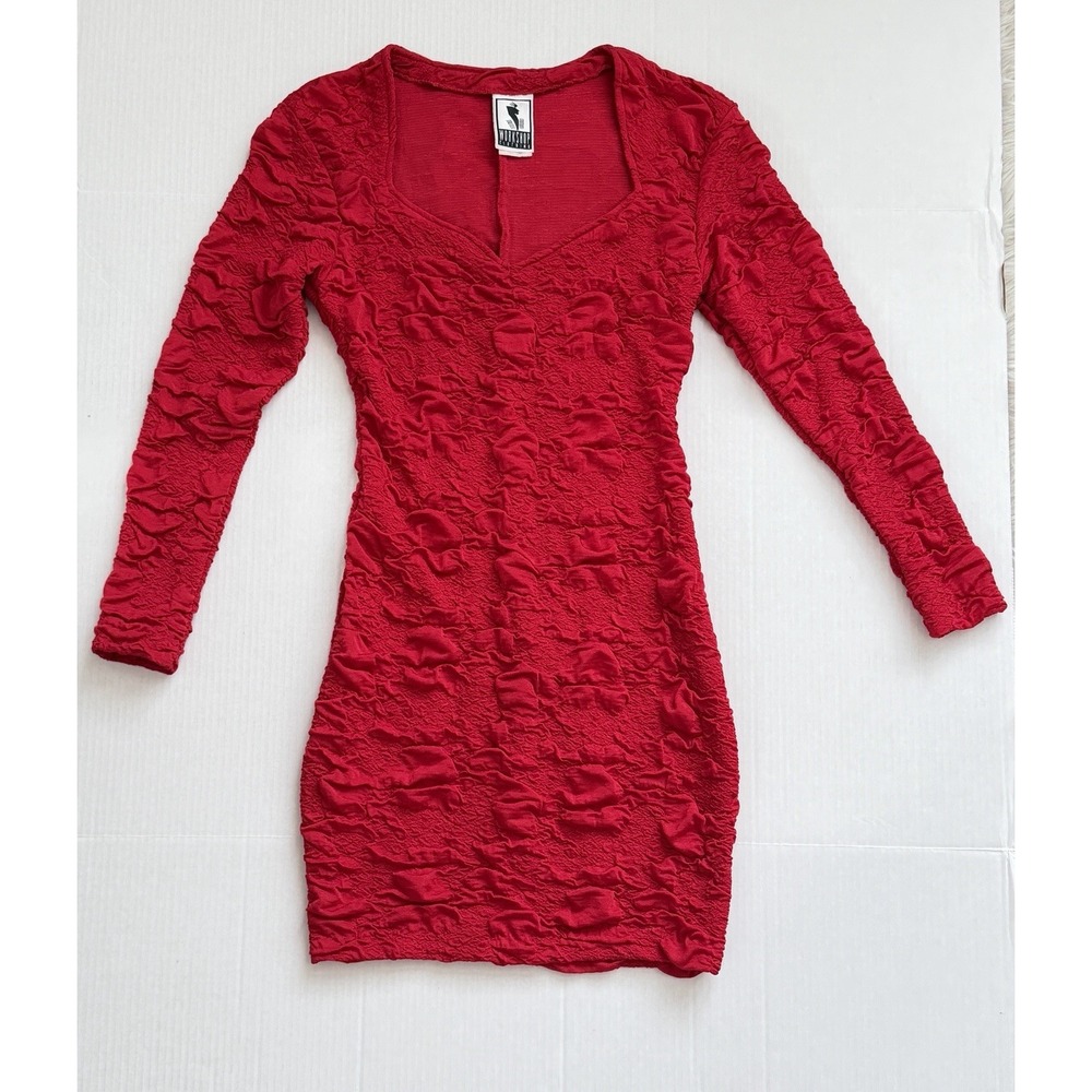 Vintage 90s Workshop Clothing Ruby Red Crinkle Bodycon Mini Dress Medium USA